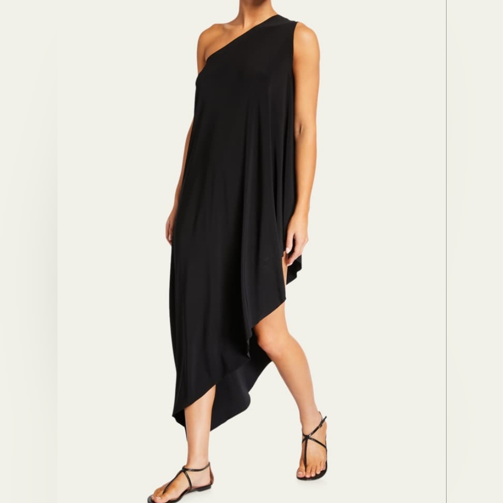 NORMA KAMALI Iconic Black Asymmetrical Top Cape Mini Multi-Way Slinky Jersey S